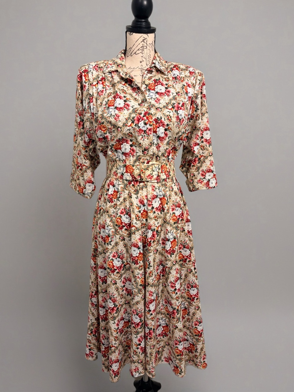 Vtg Piccalino Petites Rose Print Belted Secre Dress Sz 2P CottageCore Retro